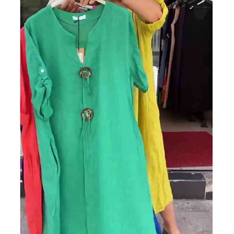 💖👗【S-5XL】Neformálne šaty z bavlny a ľanu s výstrihom do V 3688279