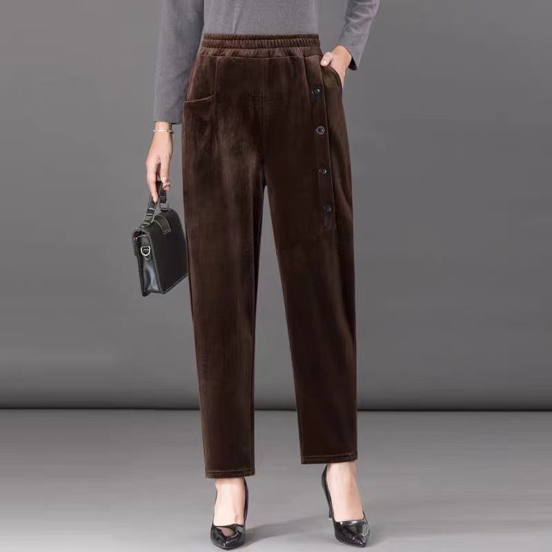 ✨️💕【XL-5XL】Pantalones largos de terciopelo con botones para mujer, nuevo estilo para otoño e invierno 2025