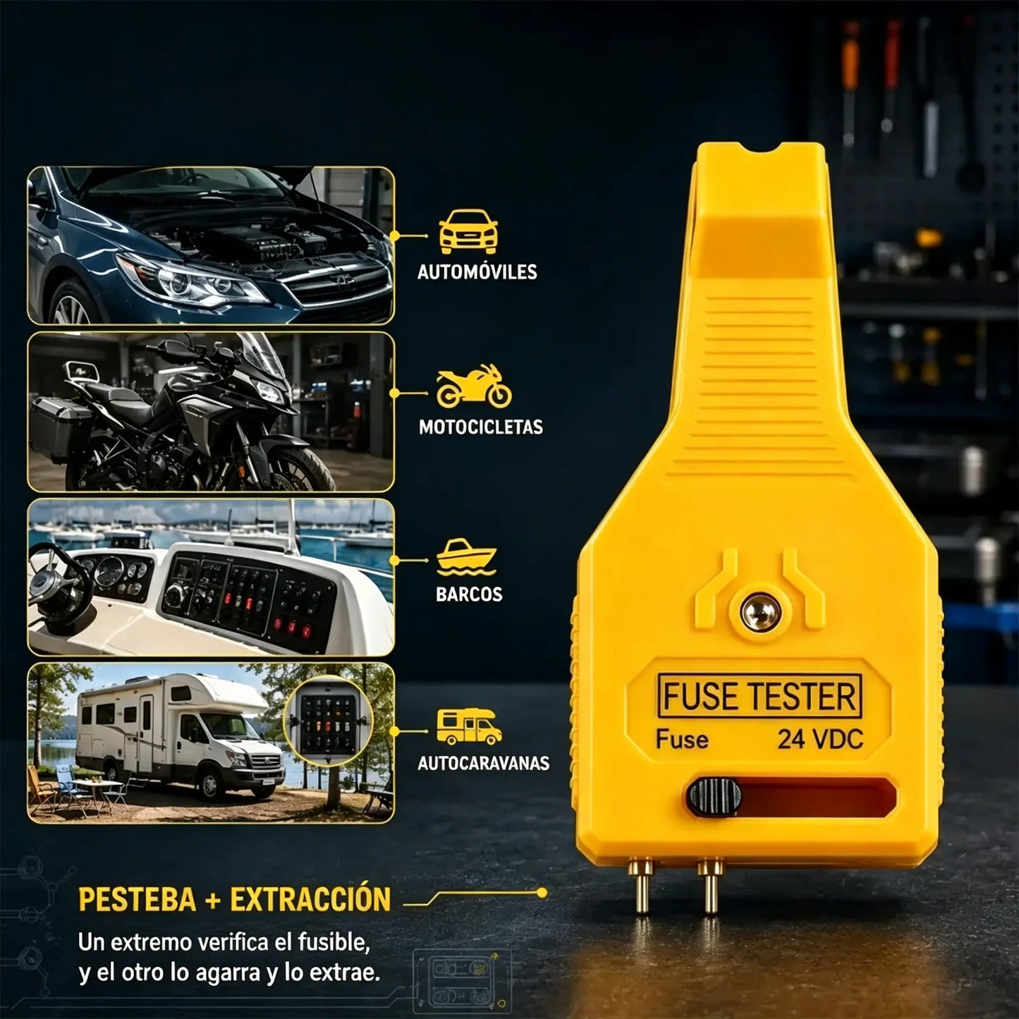 ⚡ Probador de fusibles y alicates 2 en 1 para coche (compatible con 12V/24V / indicador LED verde / espaciado ajustable / alicates extractores / para coche, camión y barco). 🚗✨