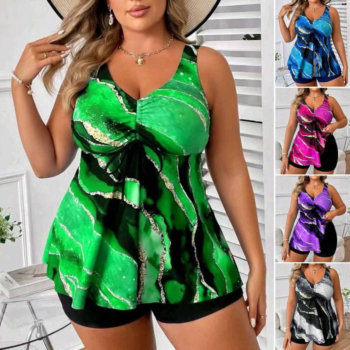 🏖️👙【Veľký letný výpredaj】🌴【M-5XL】Nové módne potlačené dvojdielne plavky veľkej veľkosti zakrývajúce bruško