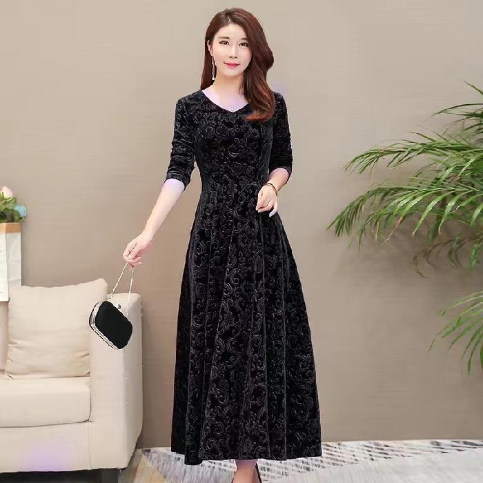 🔥【Cumpără unul, primești unul gratis】✨️【M-4XL】Stil nou pentru toamnă și iarnă, rochie elegantă, la modă, din catifea aurie, călduroasă, cu mânecă lungă, mărime mare, 3807898
