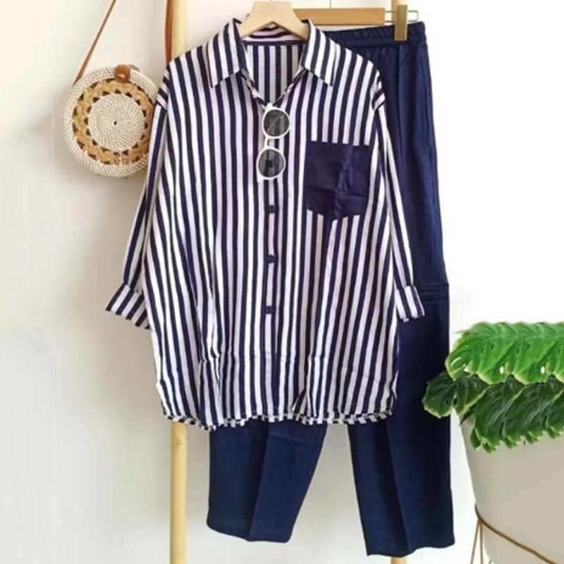 🔥【ZĽAVA 50 %】♡【S-5XL】Jarná pruhovaná ležérna dvojdielna súprava