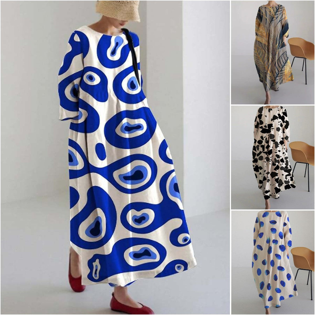 ✨【S-4XL】Reducere limitată, 👗Rochie largă cu imprimeu, decolteu rotund, nouă pentru primăvara și vara 2025