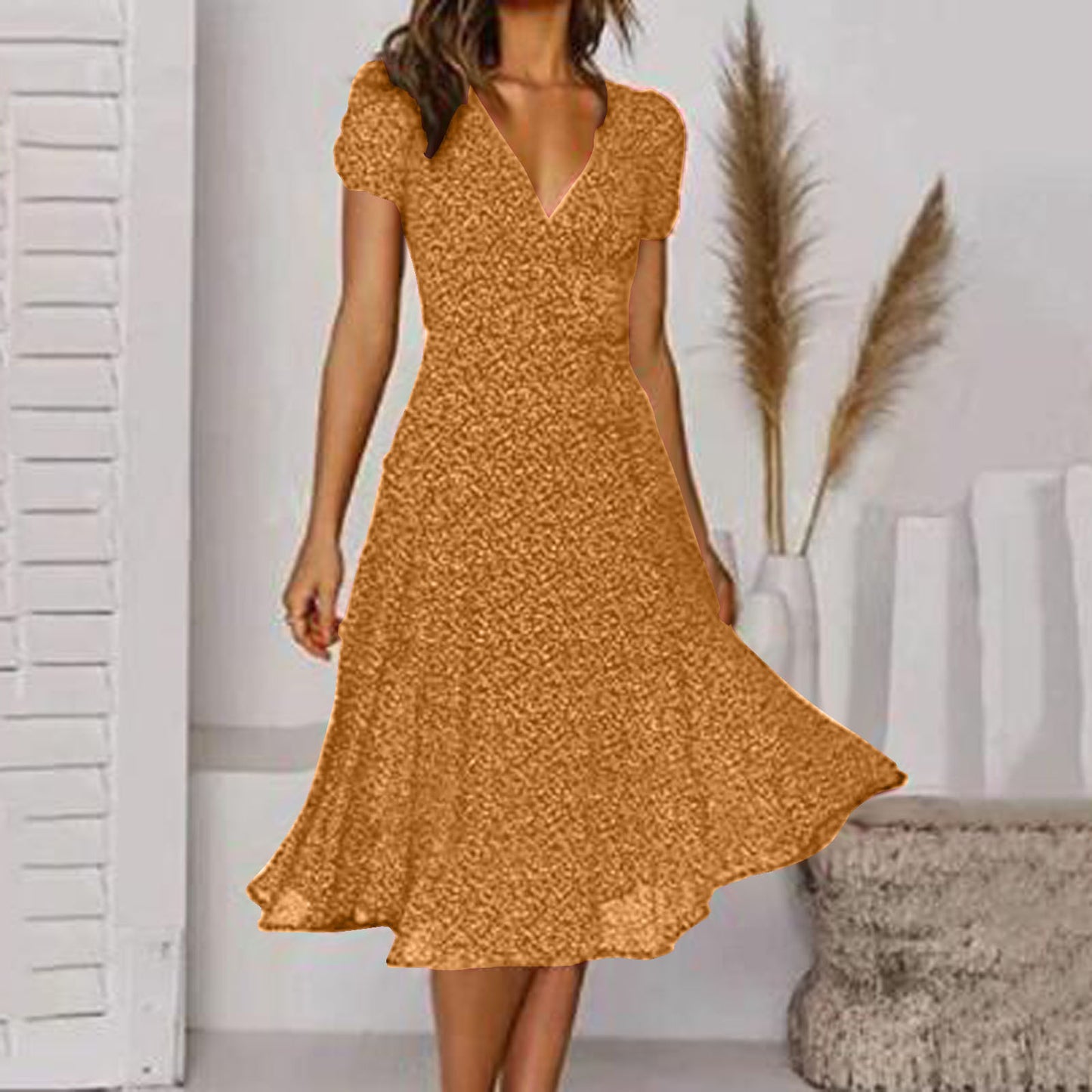 🌸【S-3XL】Rochie florală de primăvară-vară 2024, cu decolteu în V și mâneci scurte