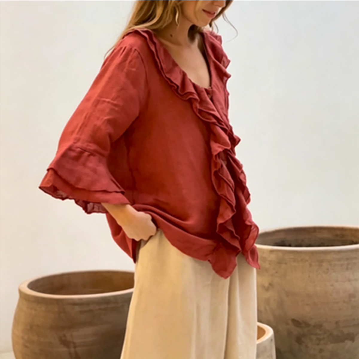 🔥Pago contra entrega✅️【40-100 kg】Camisa casual de moda para mujer, cuello en V con diseño de volantes