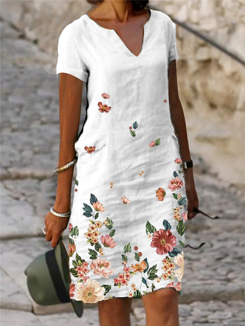 🌺【S-3XL】Rochie de vară din bumbac și in, cu croială dreaptă, decolteu în V, mâneci scurte și imprimeu cu fluturi și flori