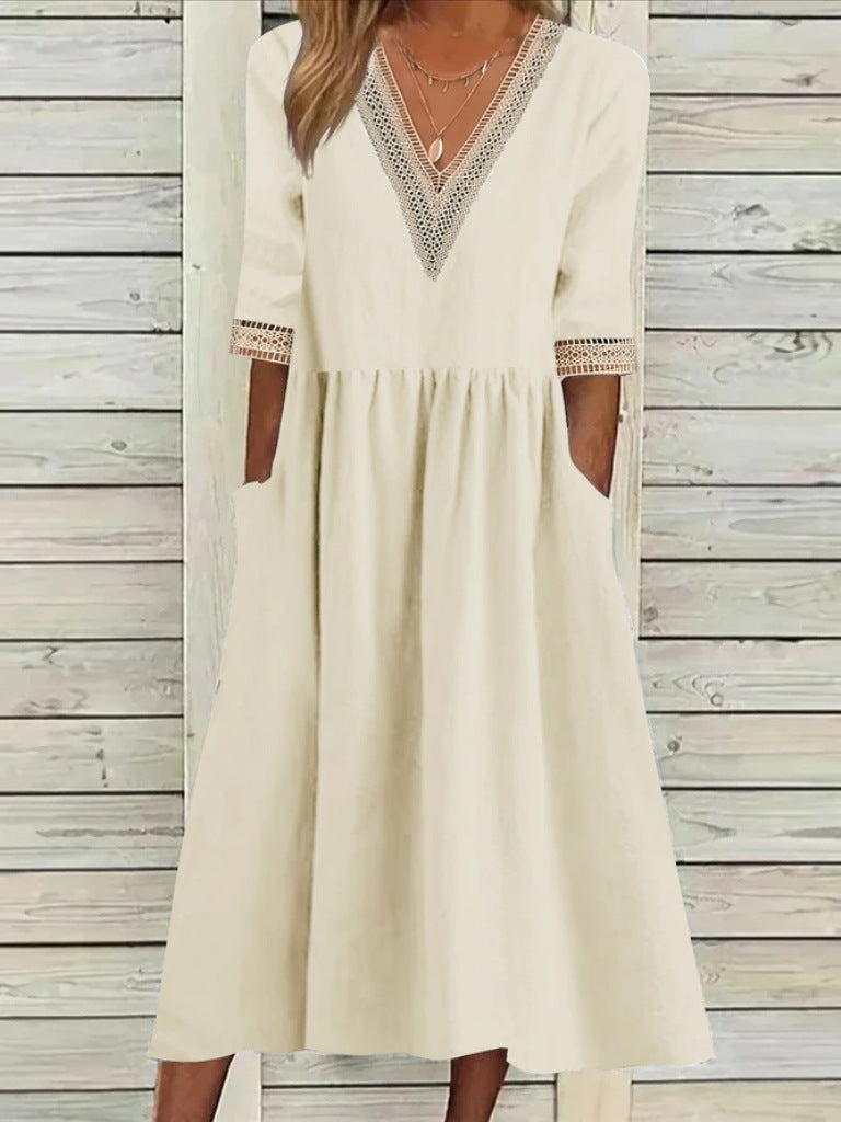 🌈👗【Letné nové produkty - zľava 50%🔥】【40-90 kg】👑 Dámske voľné šaty strednej dĺžky, materiál bavlna a ľan, čipkovaný golier, veľká veľkosť