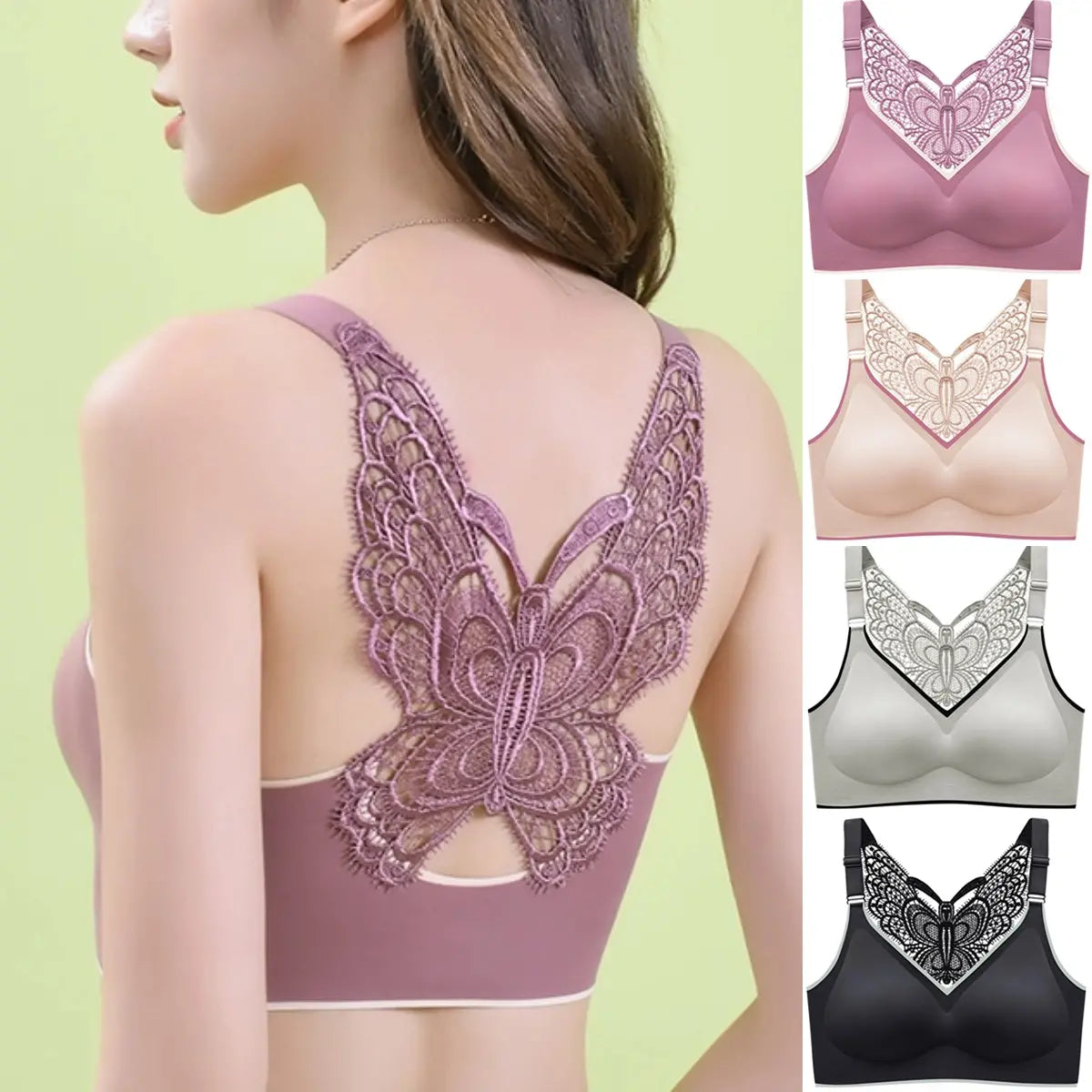 💞【Compra 2 y llévate 2 gratis】🎁Sujetador sin aros con bordado de mariposa - Sin aros, soporte durante todo el día✨【45~125 kg】