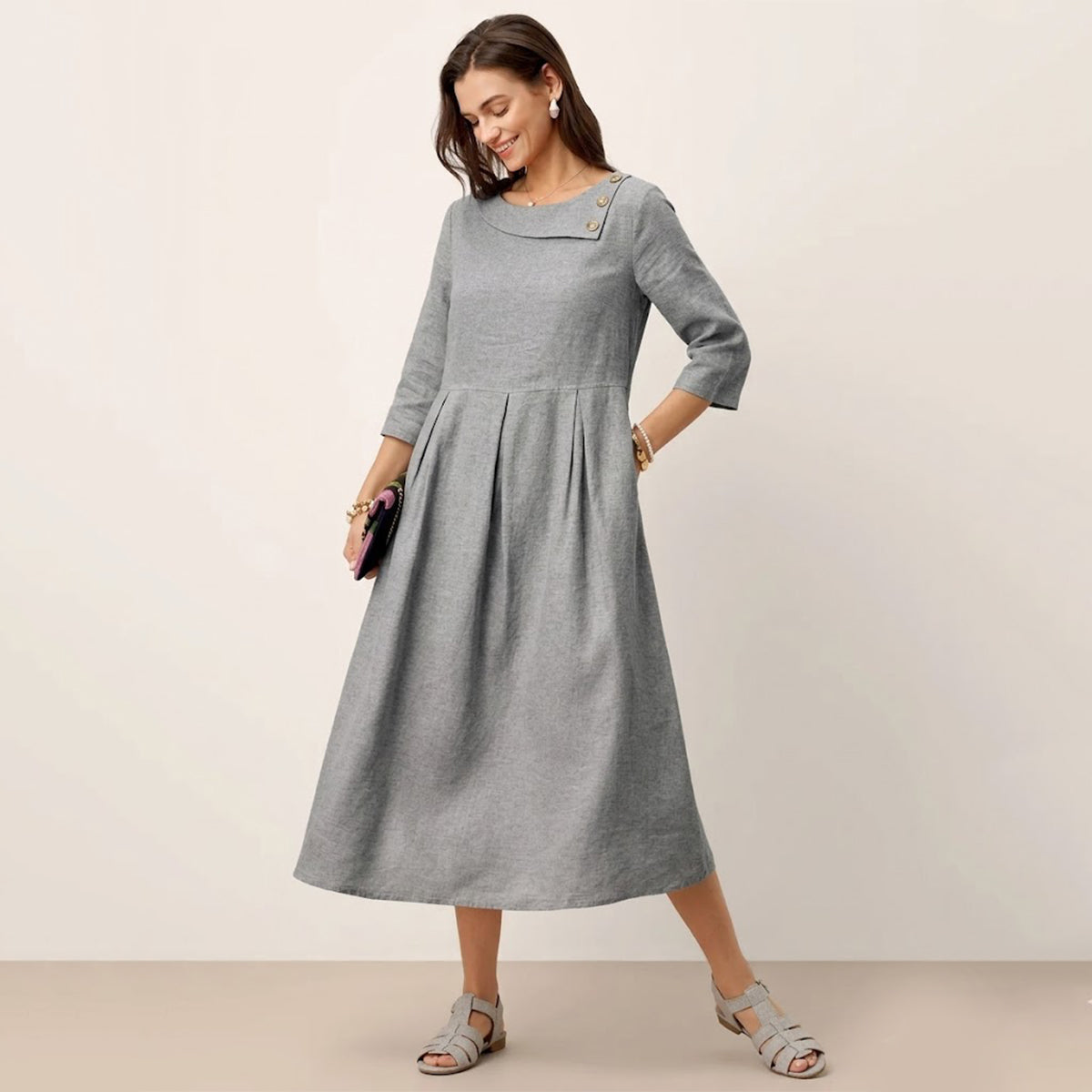 【S-3XL】Vestido Maxi de 100% Lino con Cuello Medialuna y Botones Decorativos