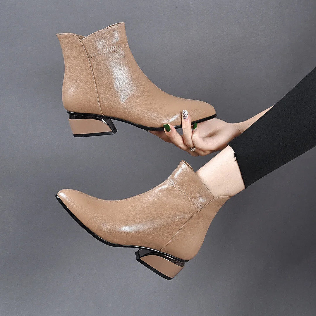 🔥Último día 50% de descuento - Botines de piel con tacón medio y cremallera lateral