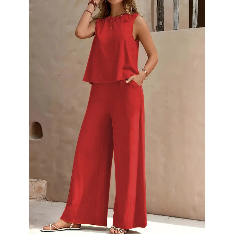 📢 ¡40% de descuento! 💖 Conjunto de 2 piezas: Camiseta y pantalón de seda helada — Diseño sin mangas