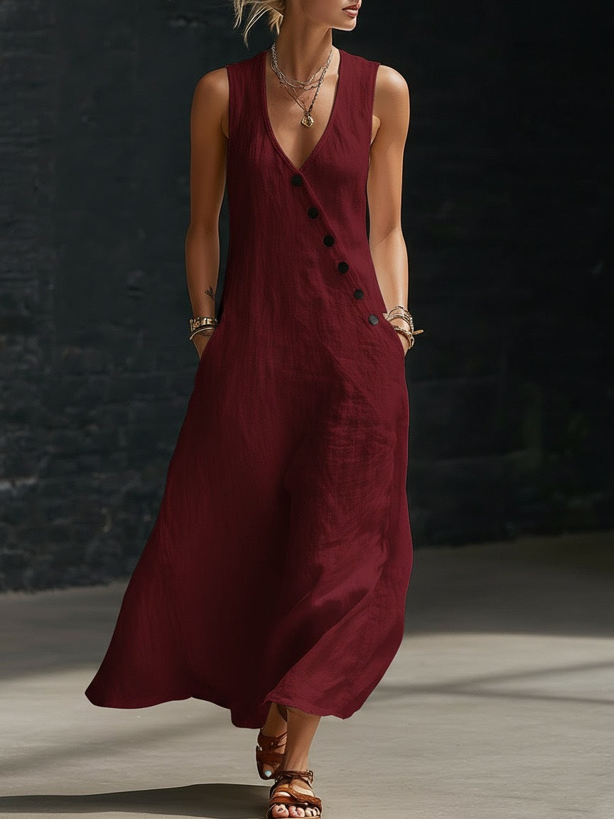 ✨【S-3XL】Vestido cómodo de algodón y lino para mujer, sin mangas, con botones.