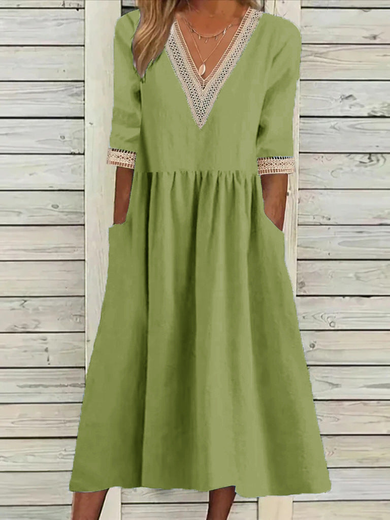 🌈👗【Letné nové produkty - zľava 50%🔥】【40-90 kg】👑 Dámske voľné šaty strednej dĺžky, materiál bavlna a ľan, čipkovaný golier, veľká veľkosť