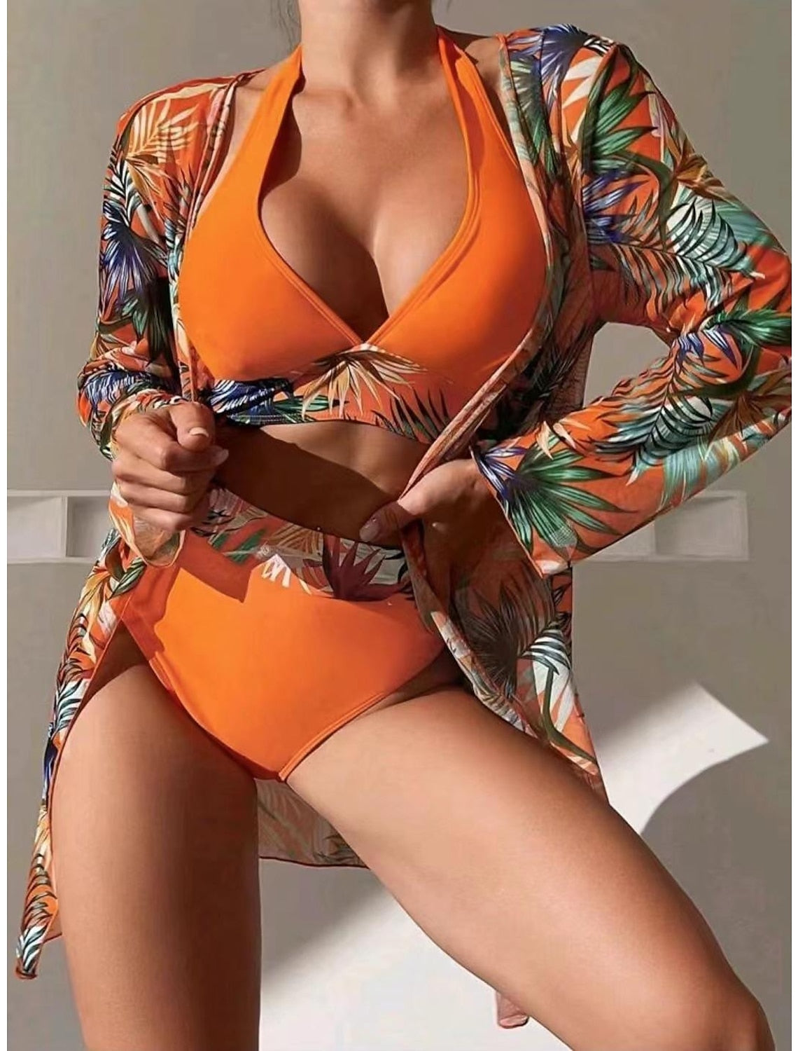 👙【Horúci výpredaj】👙 Dámske jednodielne plavky s potlačou na bikiny zahalenie do obyčajných plaviek, 3-dielna kvetinová súprava
