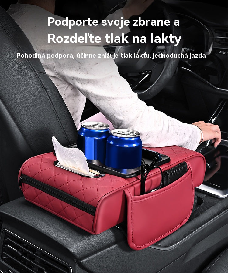 🚗🚗Univerzálna kožená podložka na lakťovú opierku do auta 4 v 1 ✅ Vstavaný box na vreckovky ✅ Držiak pohárov