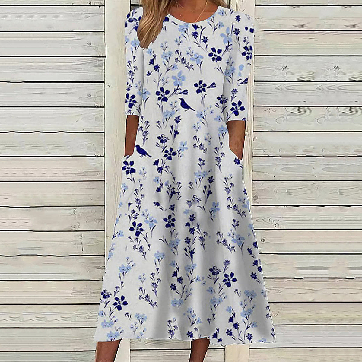 💐【S-3XL】Rochie elegantă de vară din bumbac, cu decolteu rotund și imprimeu pe buzunare
