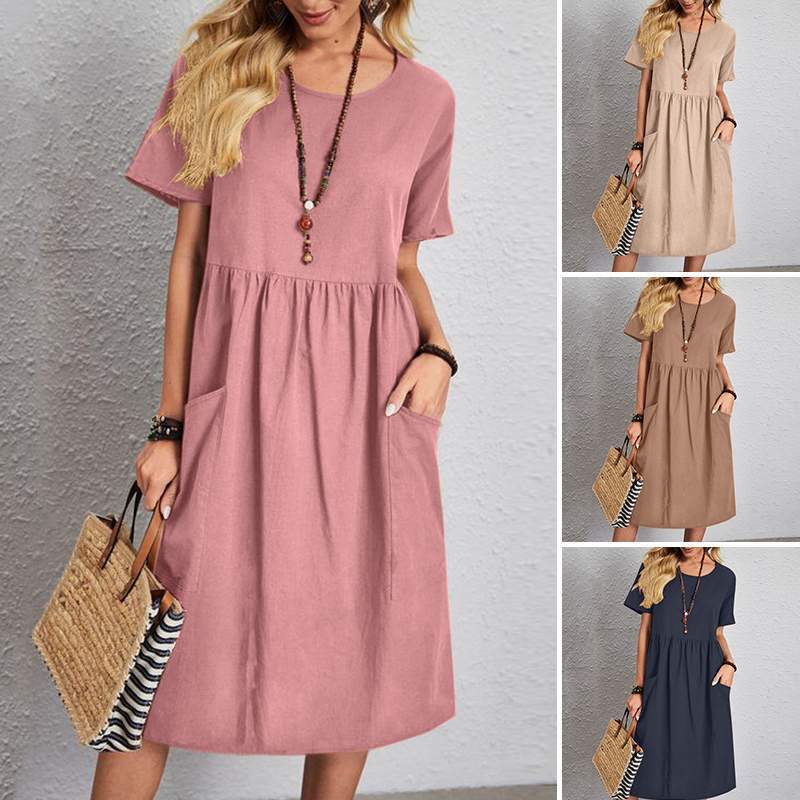🔥👗【S~5XL】Rochie nouă din bumbac și in, cu guler rotund, mânecă scurtă, confortabilă și respirabilă, din talie 2025