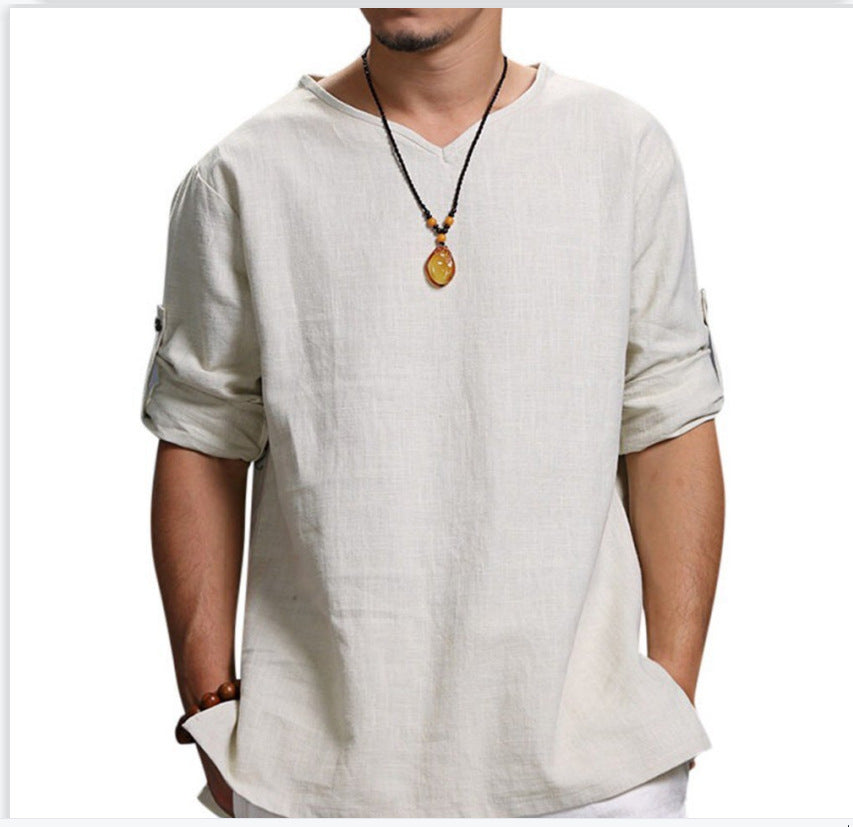 🎉😊【M-4XL】Tricou de vară nou, simplu, din bumbac și in, în culoare uni, confortabil și respirabil