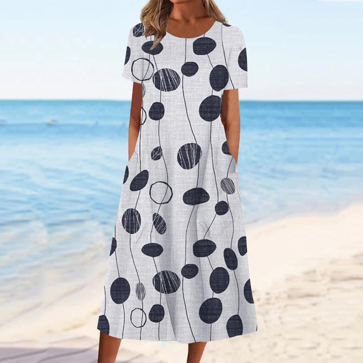 💐【S-3XL】Rochie elegantă de vară din bumbac, cu decolteu rotund și imprimeu pe buzunare