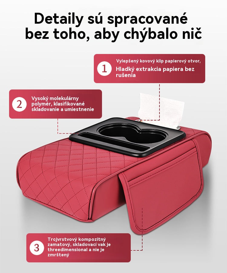 🚗🚗Univerzálna kožená podložka na lakťovú opierku do auta 4 v 1 ✅ Vstavaný box na vreckovky ✅ Držiak pohárov