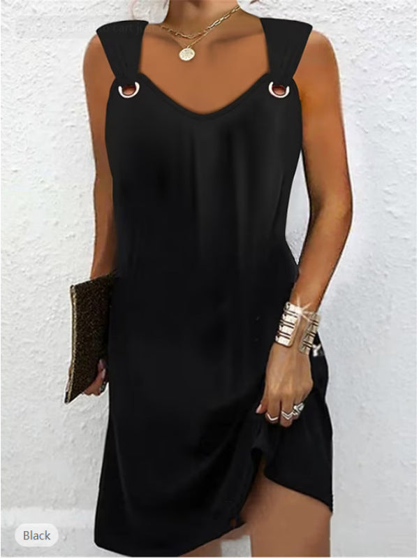 🔥🔥👗👗Nové letné šaty s kovovým gombíkom v roku 2024 s výstrihom do V bez rukávov 3691226