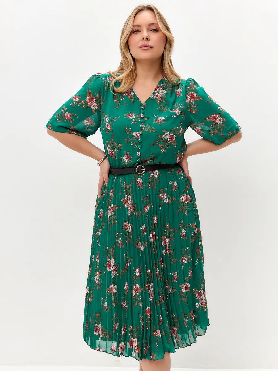 🌸💥【S-5XL】2025 dámske letné nové elegantné šifónové šaty s potlačou Módne šaty s gombíkom do V a opaskom