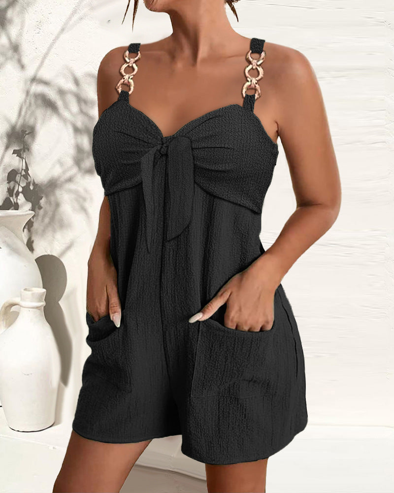 🎀👖【Letný nový produkt 🔥】【S–2XL】Dámsky módny jednofarebný ľanový overal s ozdobnými krúžkami na traky, mäkký, pohodlný a priedušný
