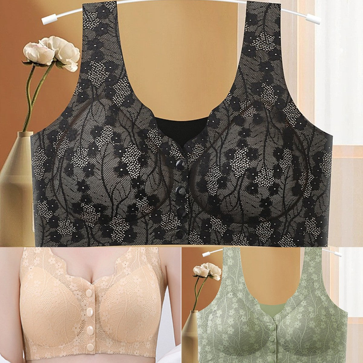😍【Set convenabil din 3 piese】❤️😍Sutien fără armătură și închidere frontală pentru femei【40-100 kg】3739626