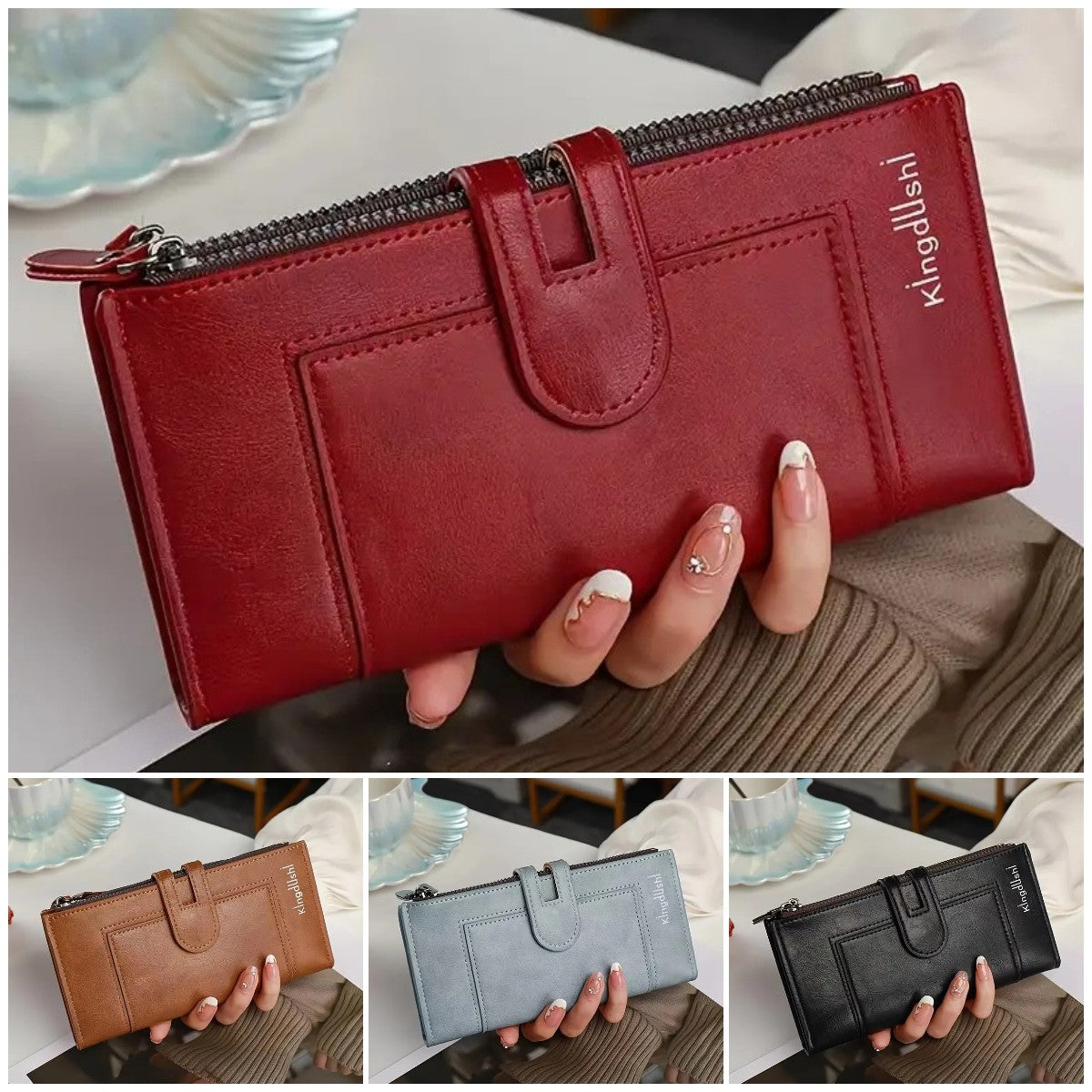 🔥【Ofertă specială】💰💰Portofel vintage din piele, lucrat manual, pentru femei, cu fermoar dublu