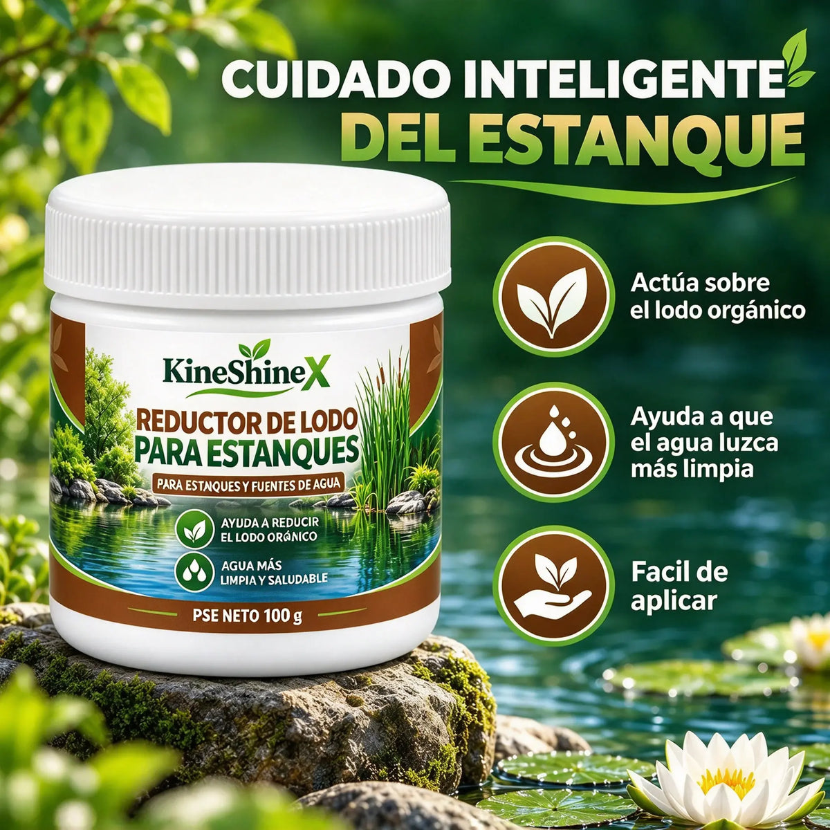 Polvo para clarificar el agua de estanques de jardín y piscinas.