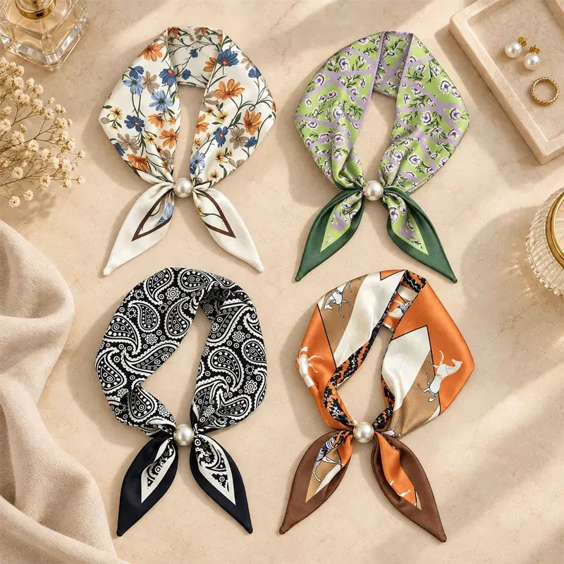 🧣【Juego de 4 piezas】✨ Pañuelo de Seda con Perlas y Cierre Magnético para Mujer | Elegante, Sin Nudos | Varios Estampados 🎀