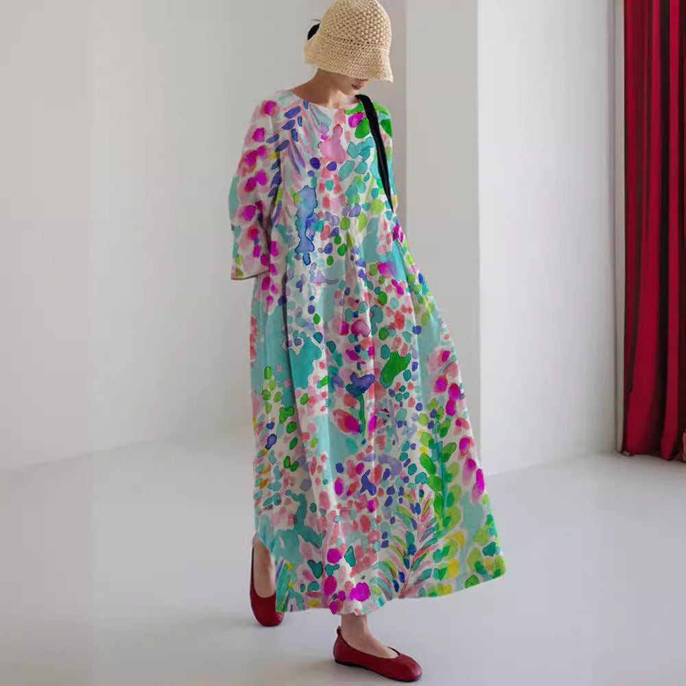 ✨【S-4XL】Reducere limitată, 👗Rochie largă cu imprimeu, decolteu rotund, nouă pentru primăvara și vara 2025