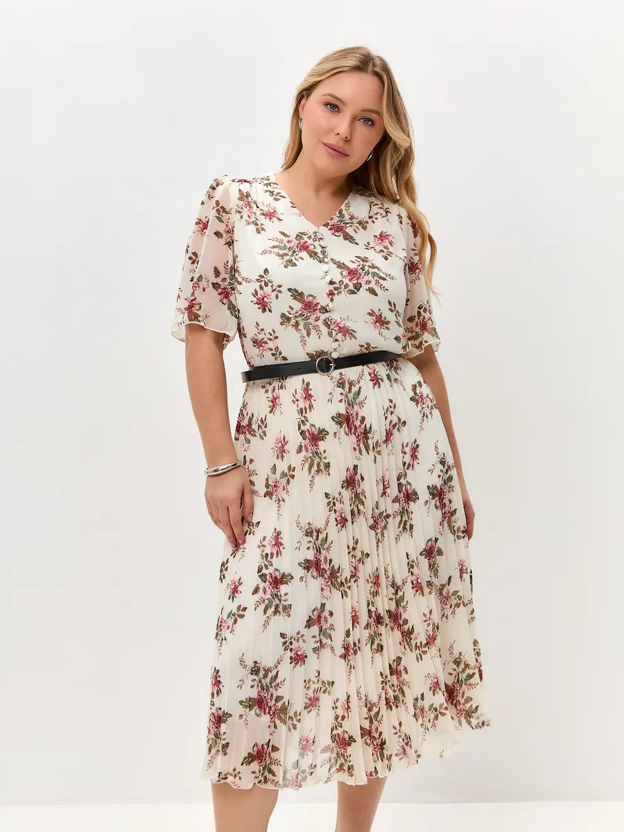 🌸💥【S-5XL】2025 dámske letné nové elegantné šifónové šaty s potlačou Módne šaty s gombíkom do V a opaskom