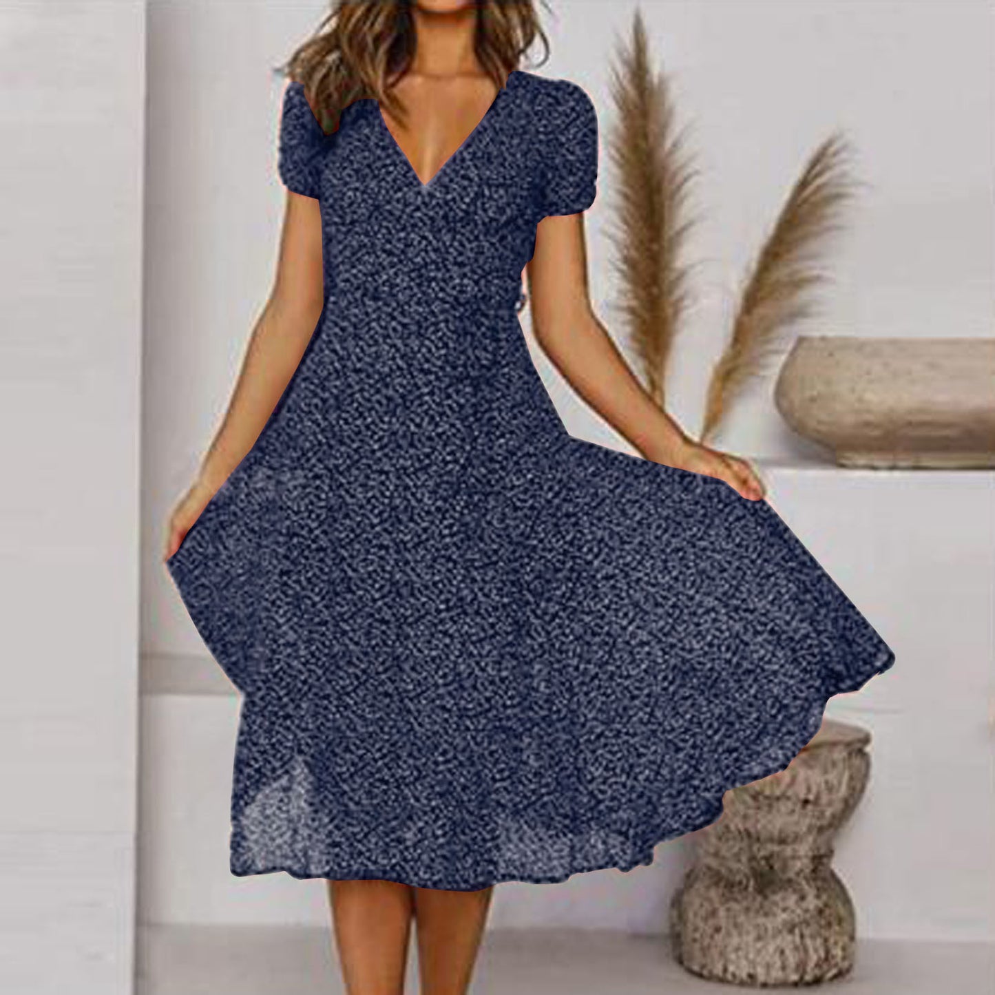 🌸【S-3XL】Rochie florală de primăvară-vară 2024, cu decolteu în V și mâneci scurte