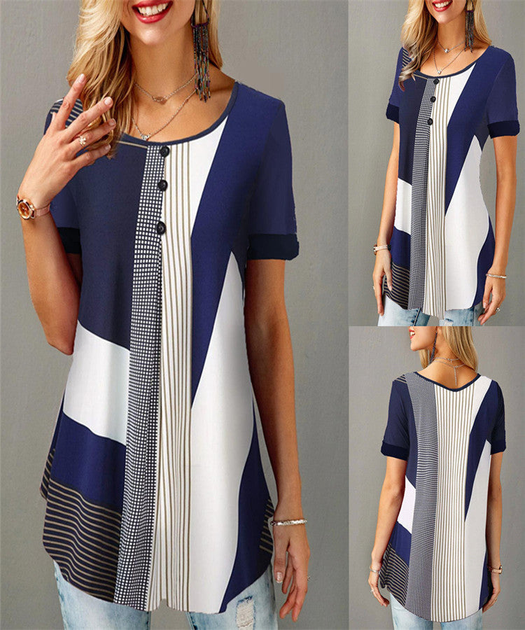 ✨👚 2025 Tricou de damă cu imprimeu, guler rotund, mânecă scurtă și nasturi, mărime mare