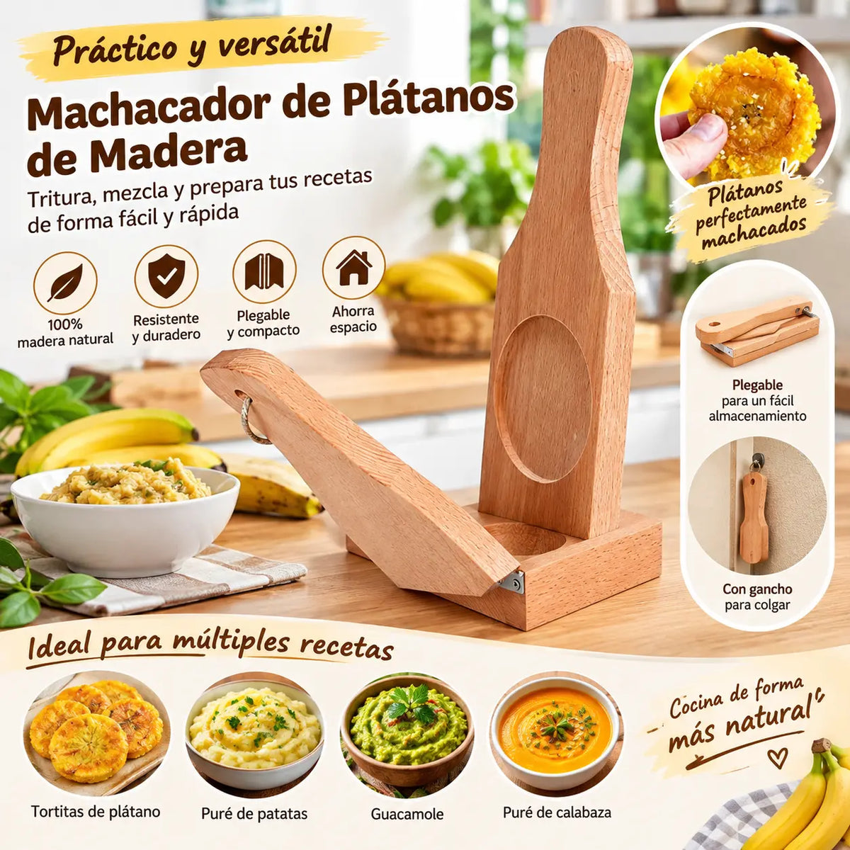 🍌 Prensa de madera, para tostones y plátanos