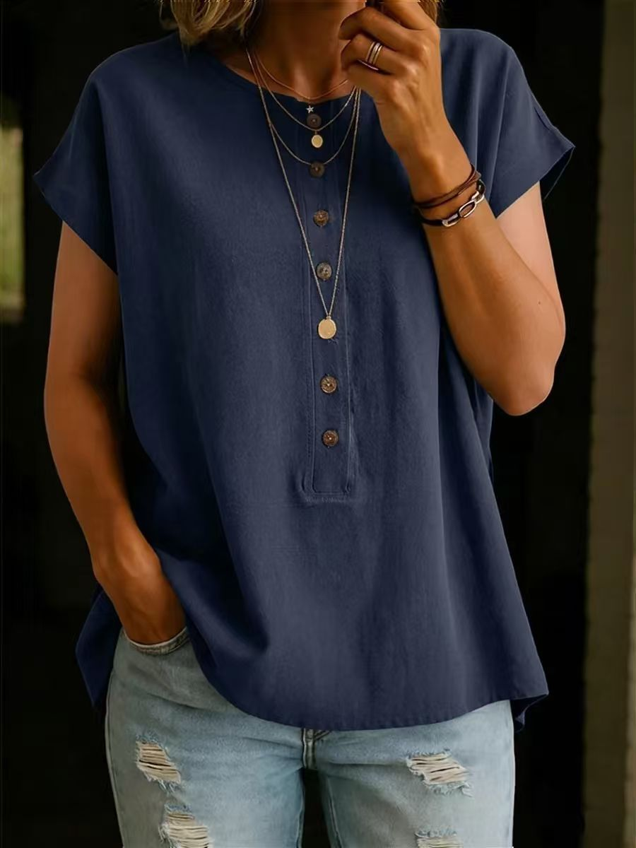 【S-2XL】Camiseta versátil de mujer de manga corta con cuello redondo y botones, color liso.