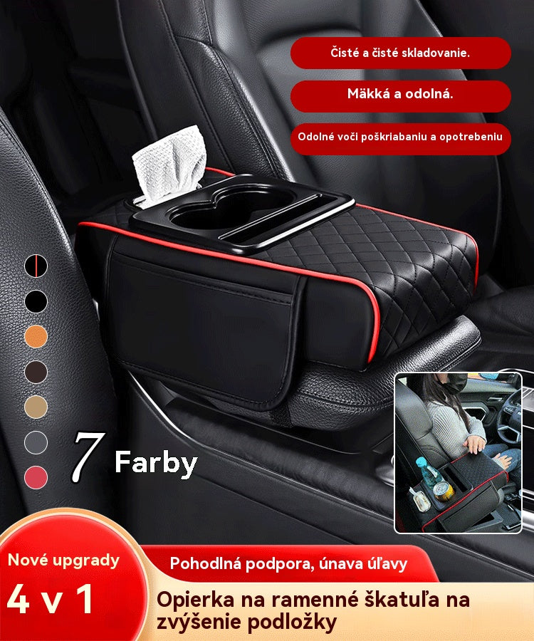 🚗🚗Univerzálna kožená podložka na lakťovú opierku do auta 4 v 1 ✅ Vstavaný box na vreckovky ✅ Držiak pohárov