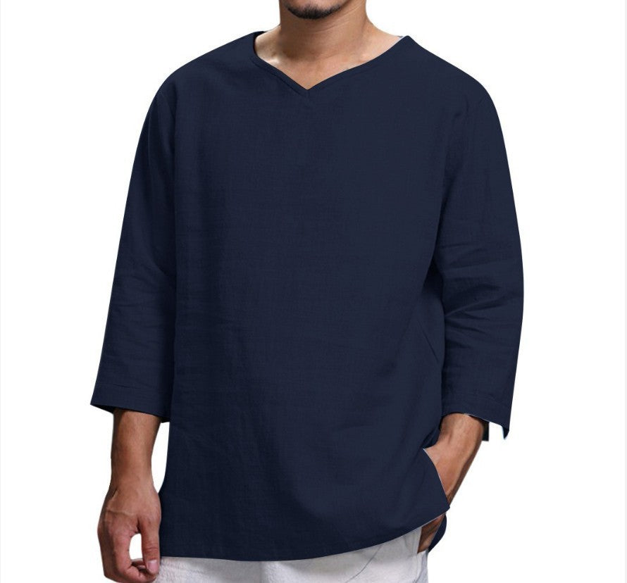 🎉😊【M-4XL】Tricou de vară nou, simplu, din bumbac și in, în culoare uni, confortabil și respirabil