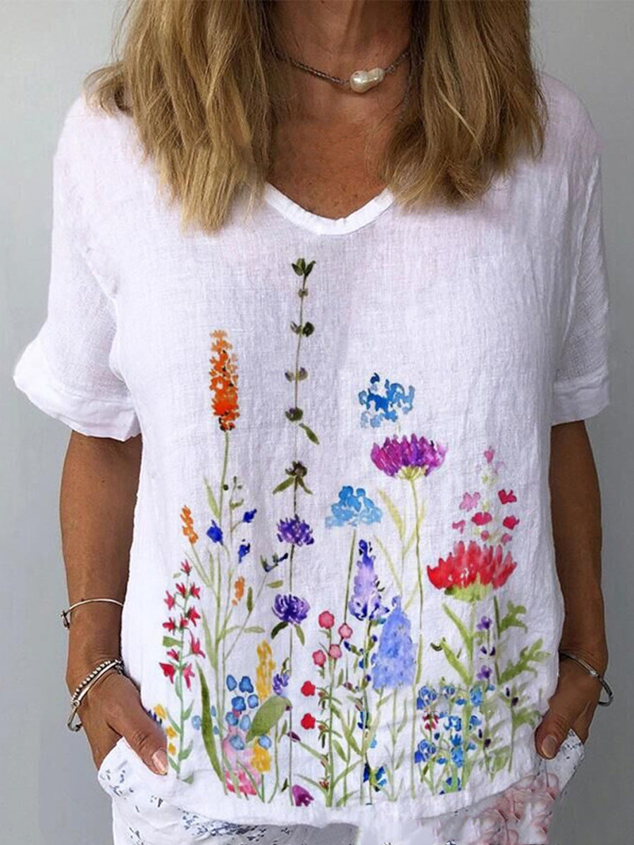 🔥【S-5XL】🌈Camiseta de manga corta de lino y algodón con estampado floral💐