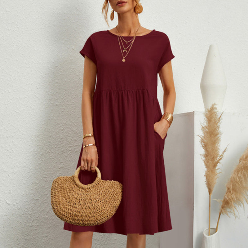 ✨ ✨ 【S-5XL】👗2025 Dámske bavlnené ľanové šaty s okrúhlym výstrihom a voľnými líniami
