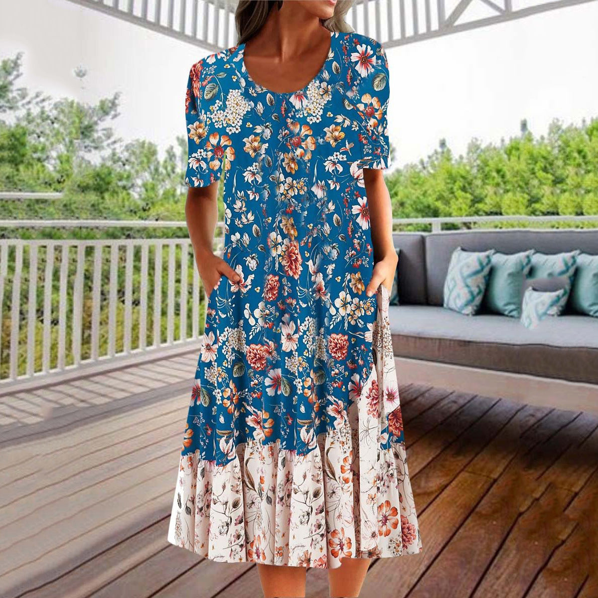 💐【S-3XL】Rochie elegantă de vară din bumbac, cu decolteu rotund și imprimeu pe buzunare