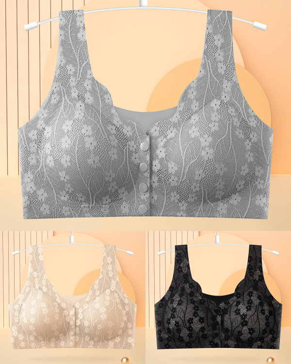 😍👙Talla grande 40-100 kg【Paquete de 3】✨Sujetador de encaje con cierre frontal sin aros para mujer con gran sujeción