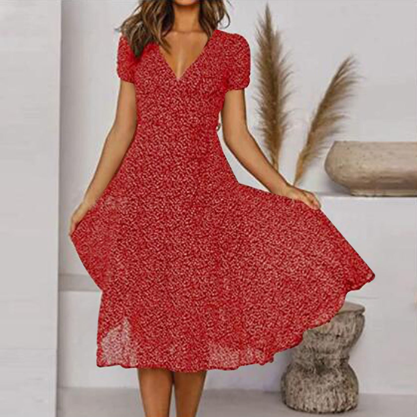 🌸【S-3XL】Rochie florală de primăvară-vară 2024, cu decolteu în V și mâneci scurte