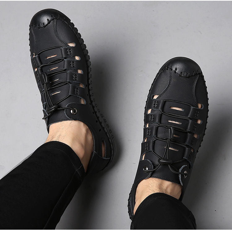 🌟👞【39-44】Nové letné pánske plážové sandále s dutým povrchom z pravej kože, duté mäkké kožené nazúvacie ploché topánky✨