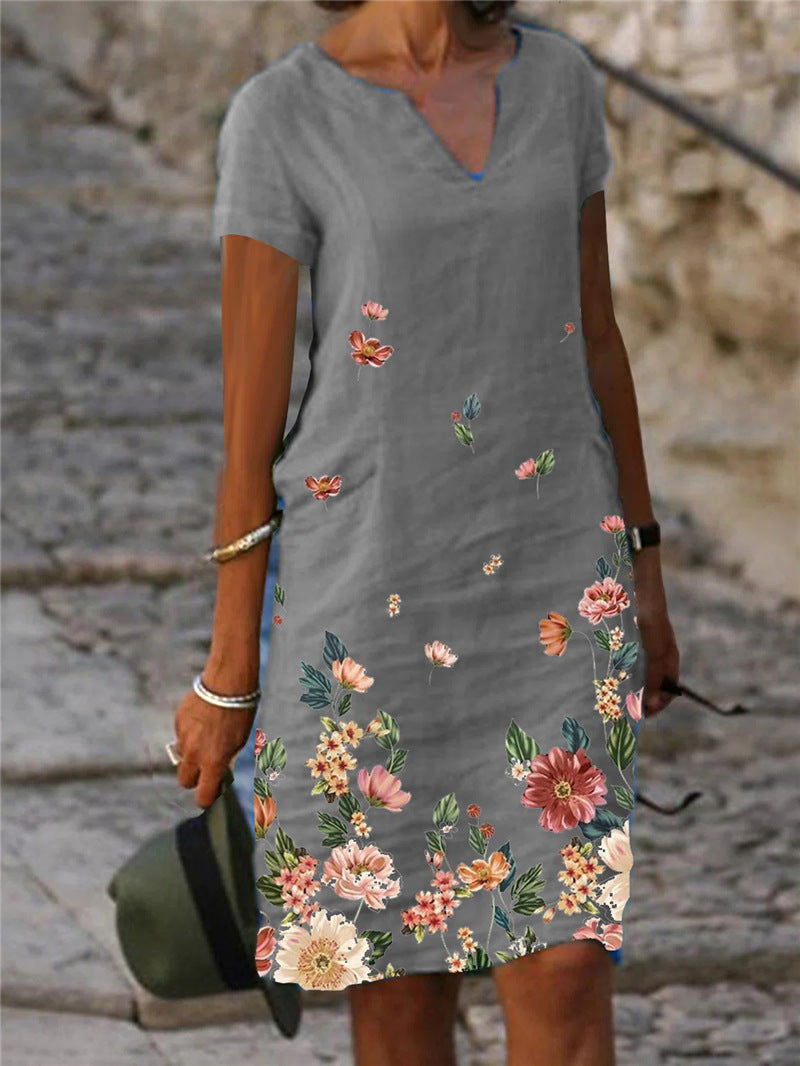 🌺【S-3XL】Rochie de vară din bumbac și in, cu croială dreaptă, decolteu în V, mâneci scurte și imprimeu cu fluturi și flori