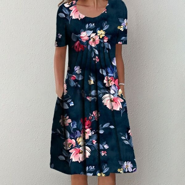 💜🌸【S-5XL】2025 Nový okrúhly krk Módne kvetinové šaty, pohodlné a neformálne, elegantné a vynikajúce
