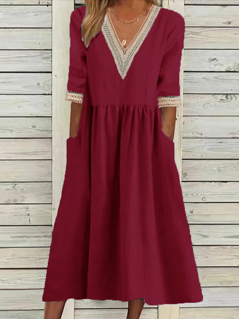 🌈👗【Letné nové produkty - zľava 50%🔥】【40-90 kg】👑 Dámske voľné šaty strednej dĺžky, materiál bavlna a ľan, čipkovaný golier, veľká veľkosť