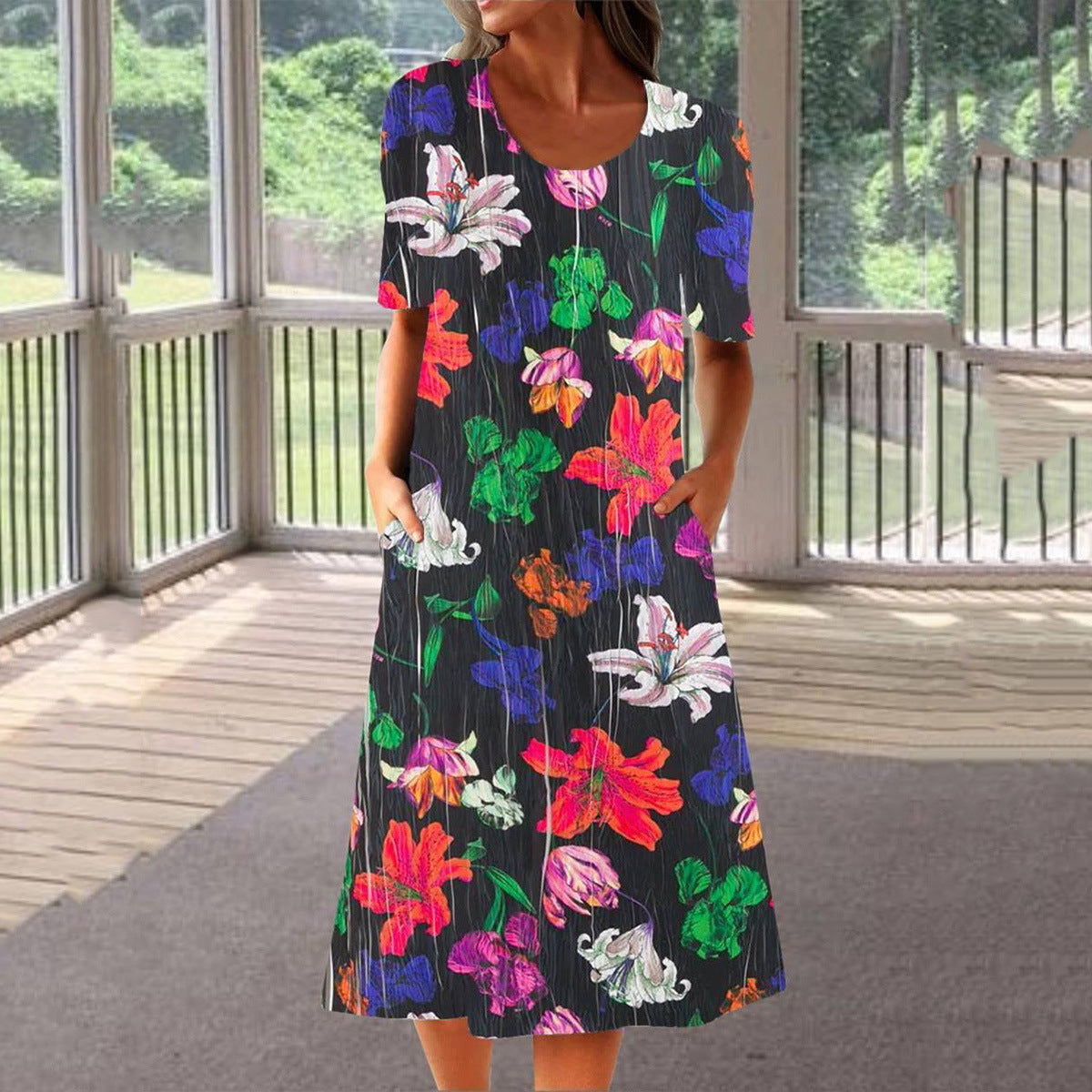 💐【S-3XL】Rochie elegantă de vară din bumbac, cu decolteu rotund și imprimeu pe buzunare