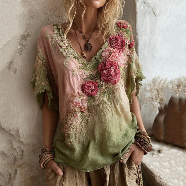 💕 Blusa elegante con cuello en V profundo y estampado floral 【Oferta limitada: compra uno y llévate otro gratis】 Tallas S-4XL